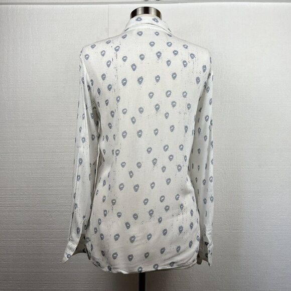 Jen's Pirate Booty Shirt S Women White Blue Print Long Sleeve Button Front Rayon - Picture 3 of 8